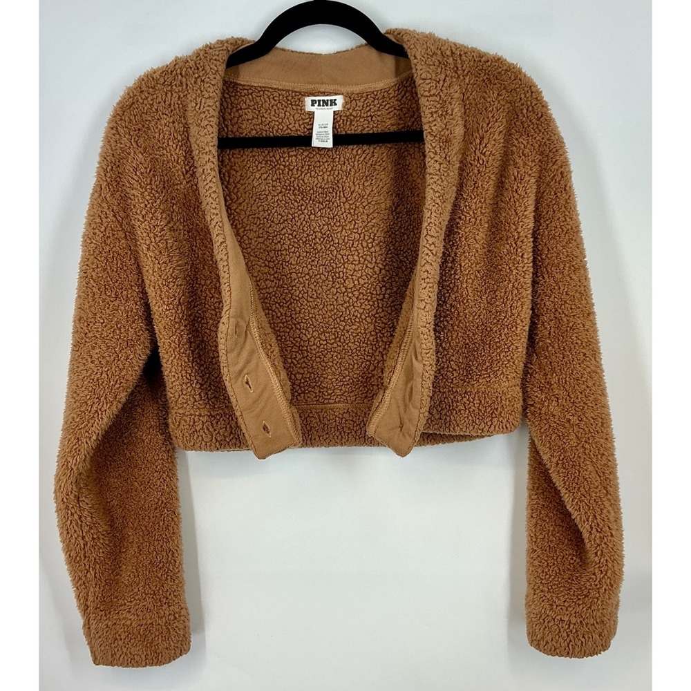 PINK Victoria's Secret Sherpa Teddy Cropped Cardigan Sweater Small Brown Cozy - Picture 9 of 12